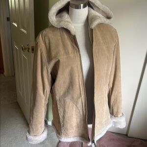 Genuine leather tan Teddy Jacket with Plush Hood